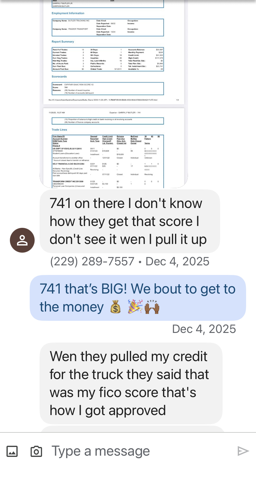741 credit score and approved for a truck